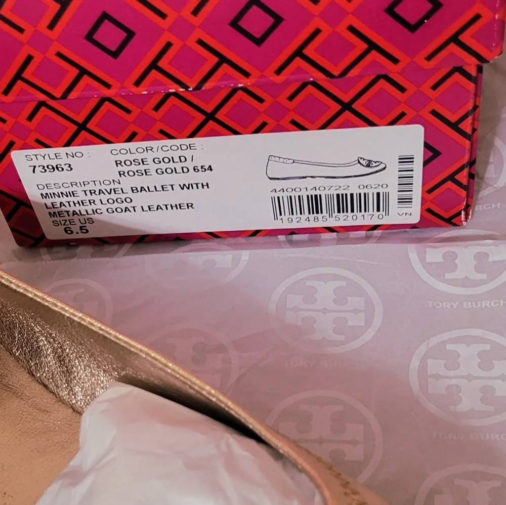 Tory Burch Minnie Rose Gold Leather Logo Travel Ballet 6.5‎ Metallic Minimal